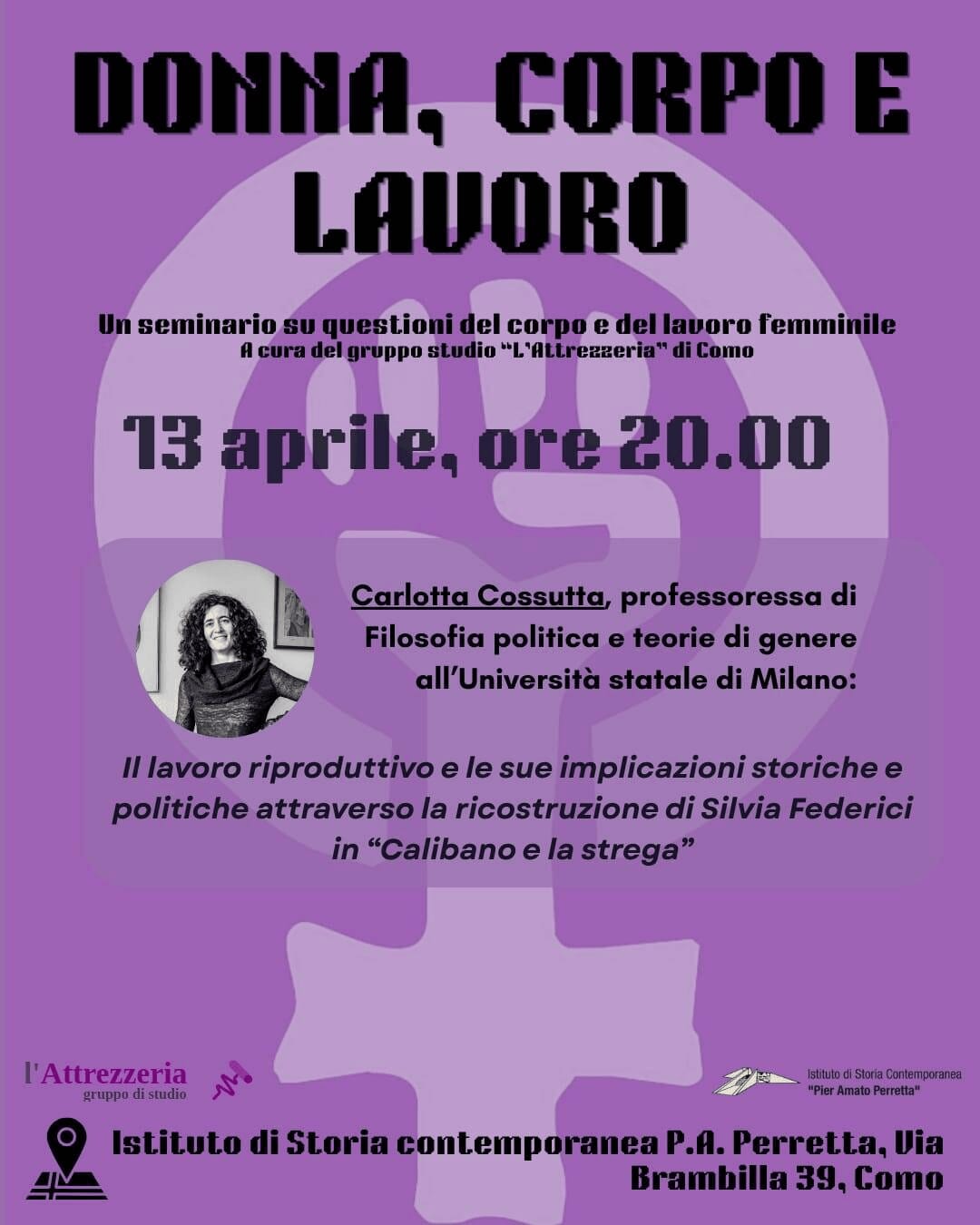 Locandina del primo incontro del seminario "Donna, corpo, lavoro", con Carlotta Cossutta
