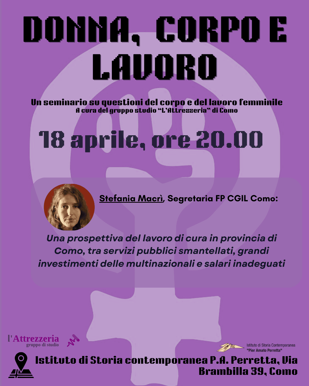 Locandina del primo incontro del seminario "Donna, corpo, lavoro", con Stefania Macrì