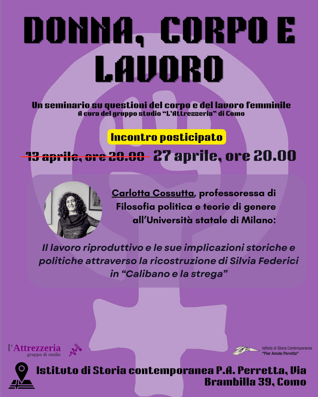 Locandina del secondo incontro del seminario "Donna, corpo, lavoro", con Carlotta Cossutta